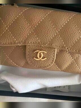 Beige Quilted Leather Chain Crossbody Wallet Mini Handbag Luxury Designer Style
